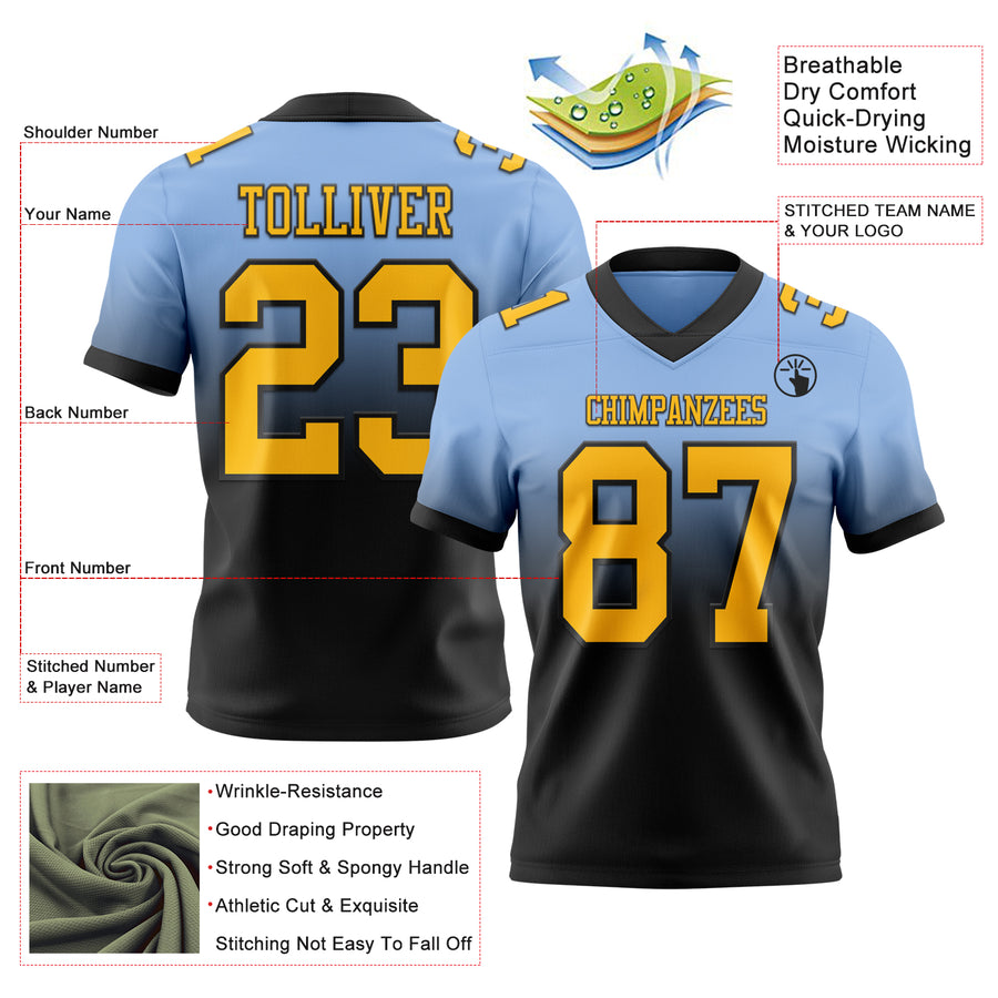 Custom Light Blue Gold-Black Authentic Fade Fashion Football Jersey