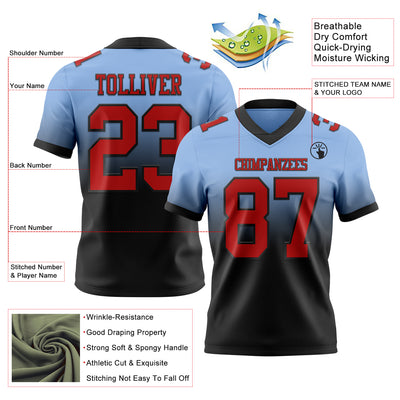 Custom Light Blue Red-Black Authentic Fade Fashion Football Jersey