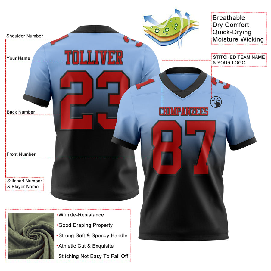 Custom Light Blue Red-Black Authentic Fade Fashion Football Jersey