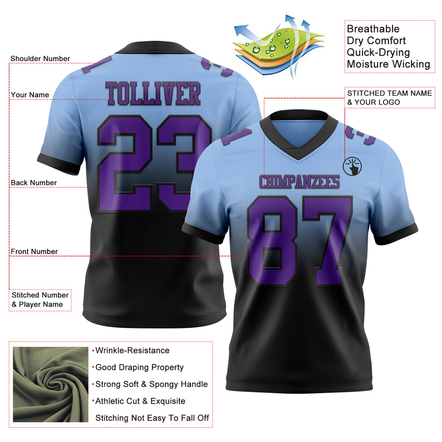 Custom Light Blue Purple-Black Authentic Fade Fashion Football Jersey