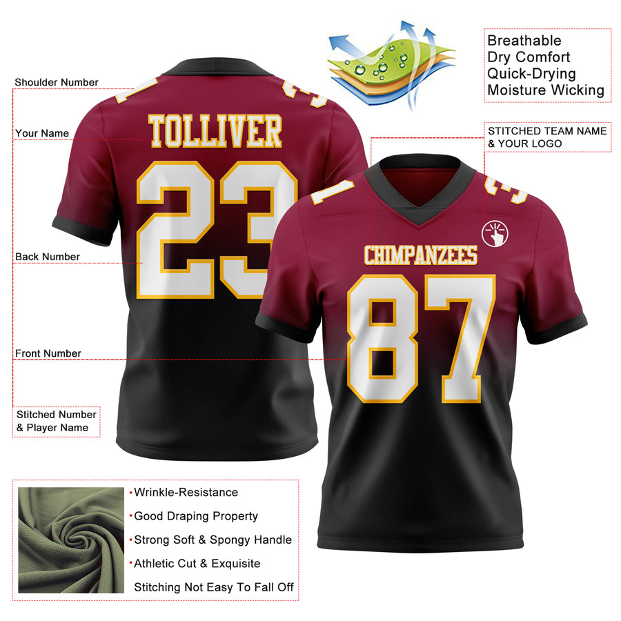 Custom Maroon White Black-Gold Authentic Fade Fashion Football Jersey
