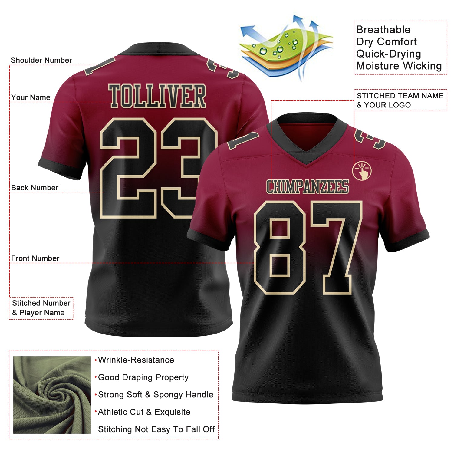 Custom Maroon Black-Cream Authentic Fade Fashion Football Jersey