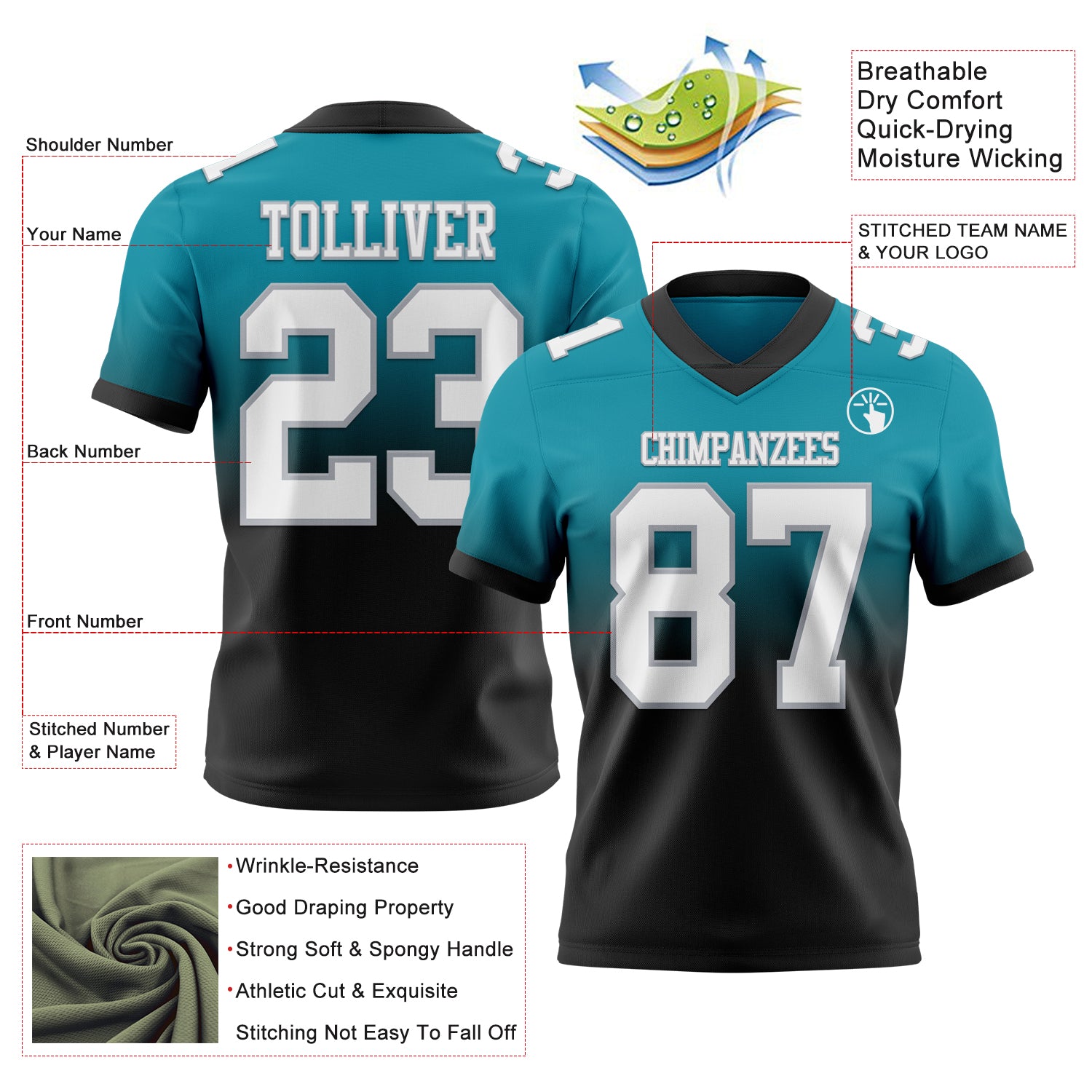Custom Teal White Black-Gray Authentic Fade Fashion Football Jersey