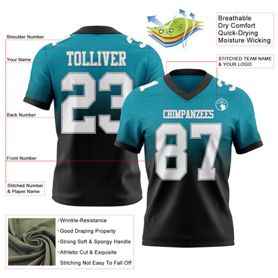 Custom Teal White Black-Gray Authentic Fade Fashion Football Jersey