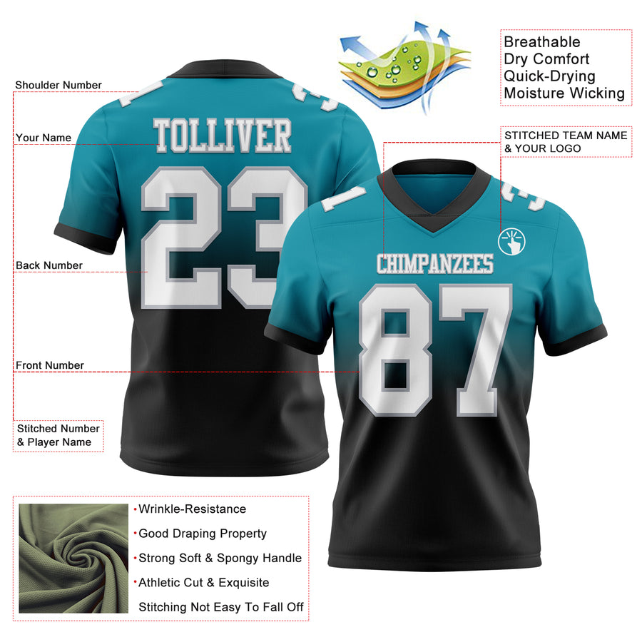 Custom Teal White Black-Gray Authentic Fade Fashion Football Jersey