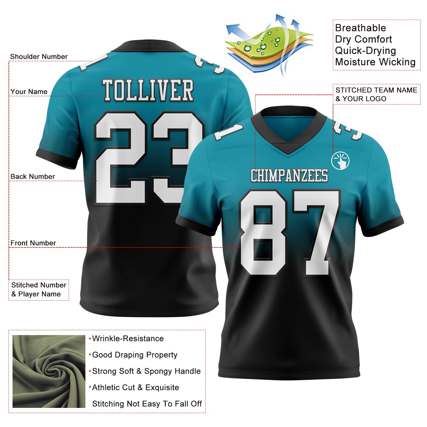 Custom Teal White-Black Authentic Fade Fashion Football Jersey
