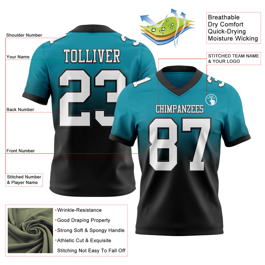 Custom Teal White-Black Authentic Fade Fashion Football Jersey