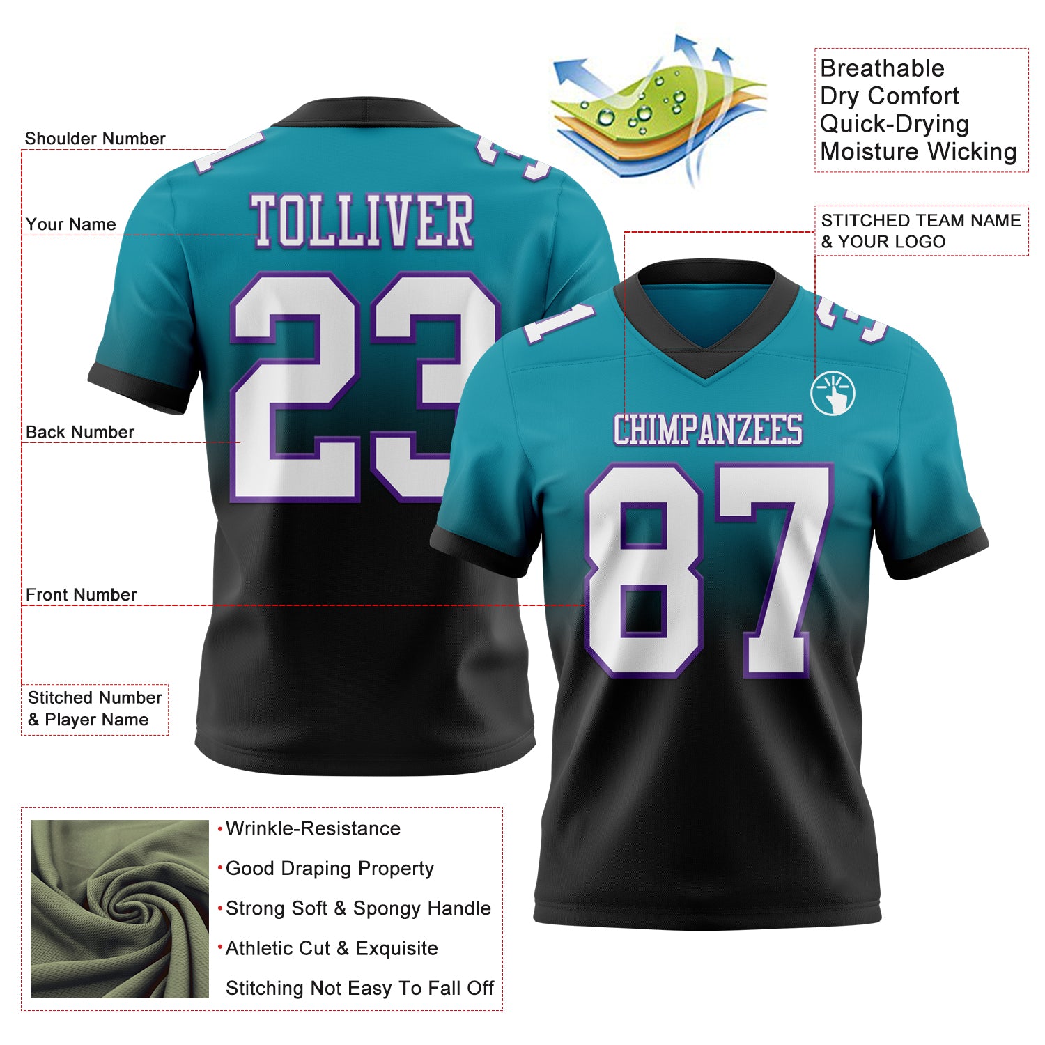 Custom Teal White Black-Purple Authentic Fade Fashion Football Jersey