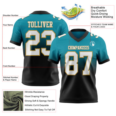 Custom Teal White Black-Old Gold Authentic Fade Fashion Football Jersey