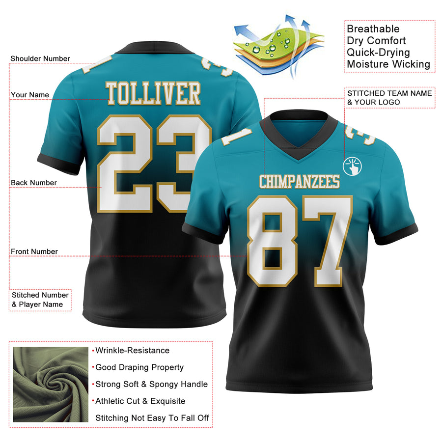 Custom Teal White Black-Old Gold Authentic Fade Fashion Football Jersey