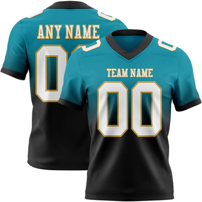 Custom Teal White Black-Old Gold Authentic Fade Fashion Football Jersey