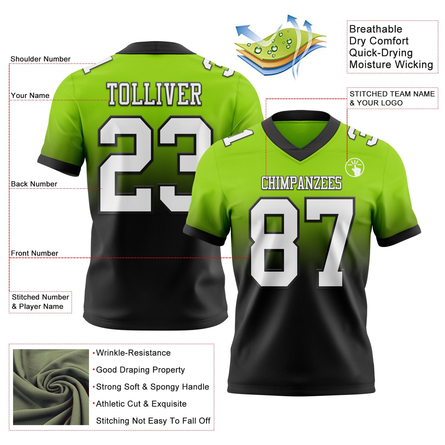 Custom Neon Green White-Black Authentic Fade Fashion Football Jersey