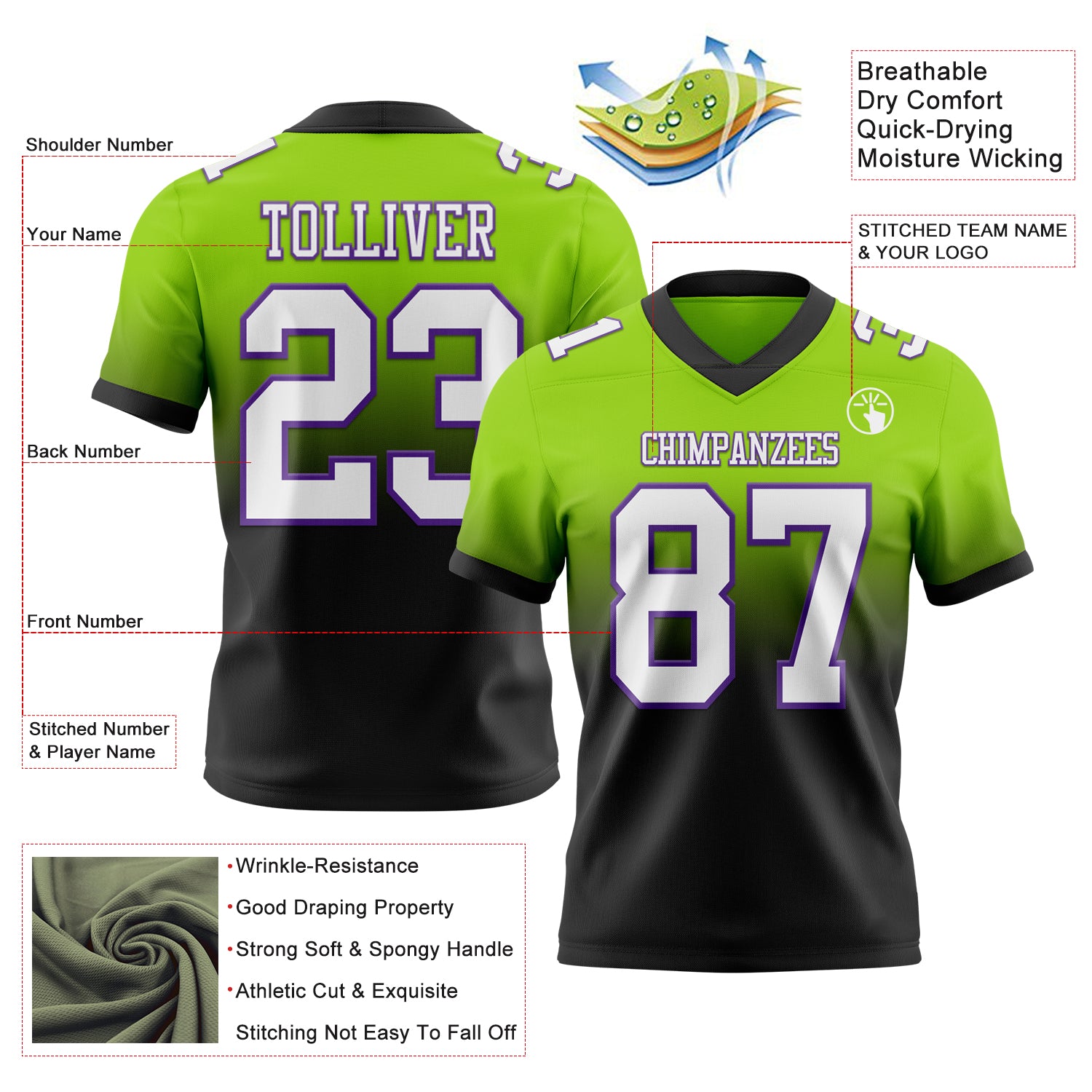 Custom Neon Green White Black-Purple Authentic Fade Fashion Football Jersey