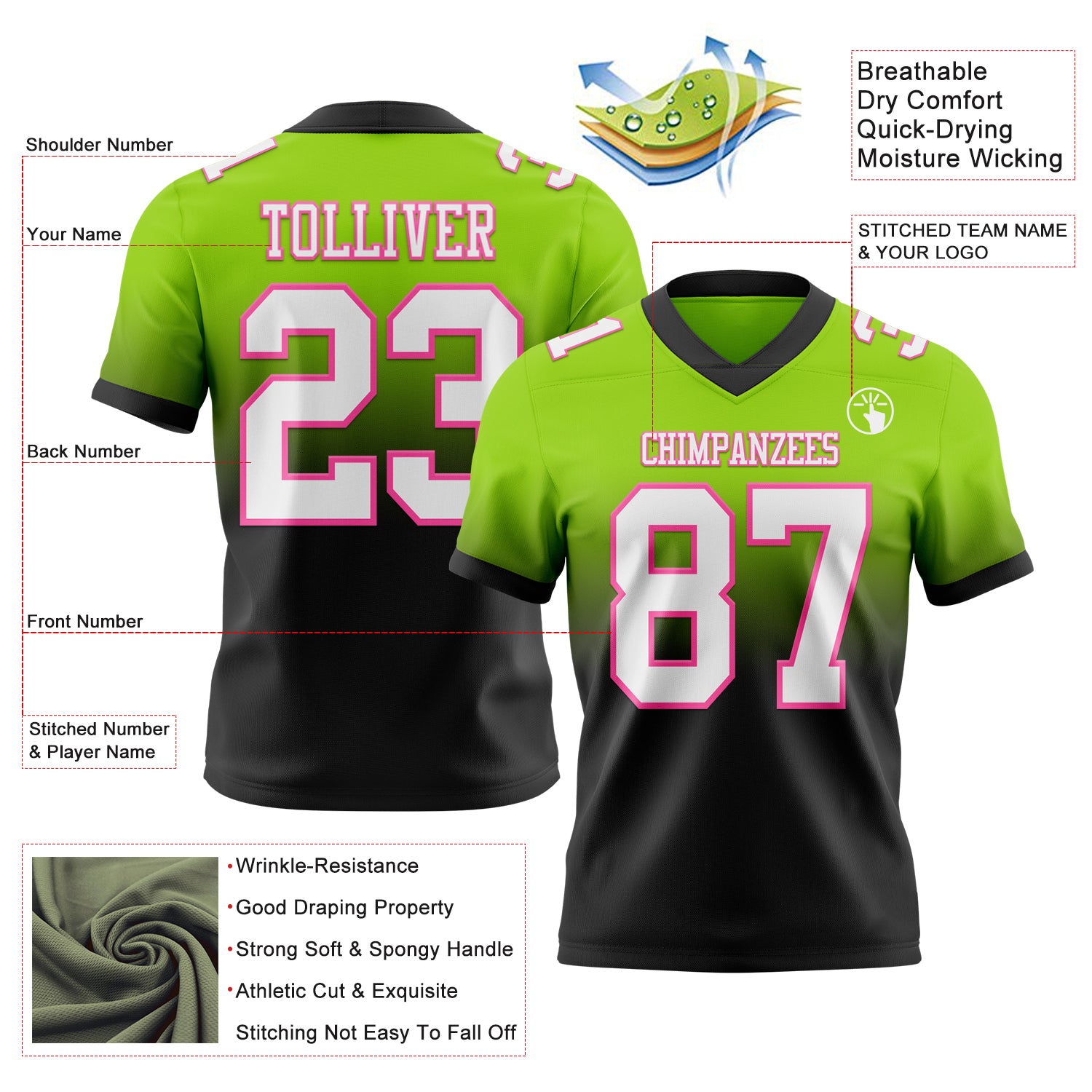 Custom Neon Green White Black-Pink Authentic Fade Fashion Football Jersey