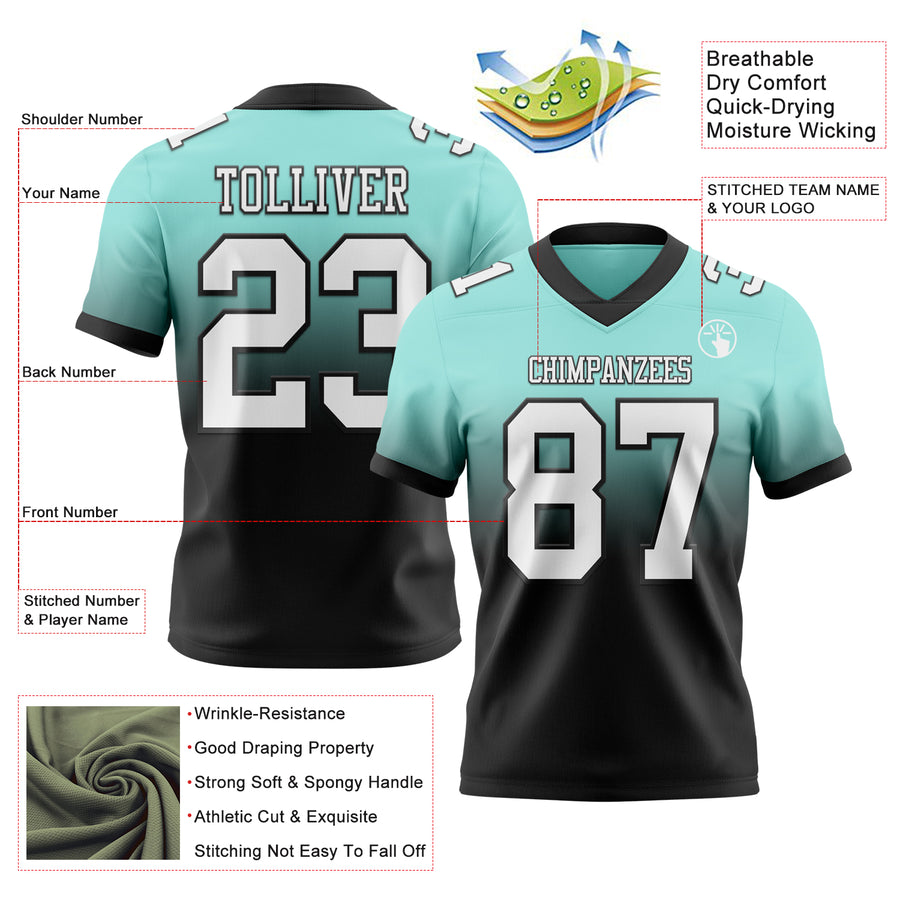 Custom Ice Blue White-Black Authentic Fade Fashion Football Jersey