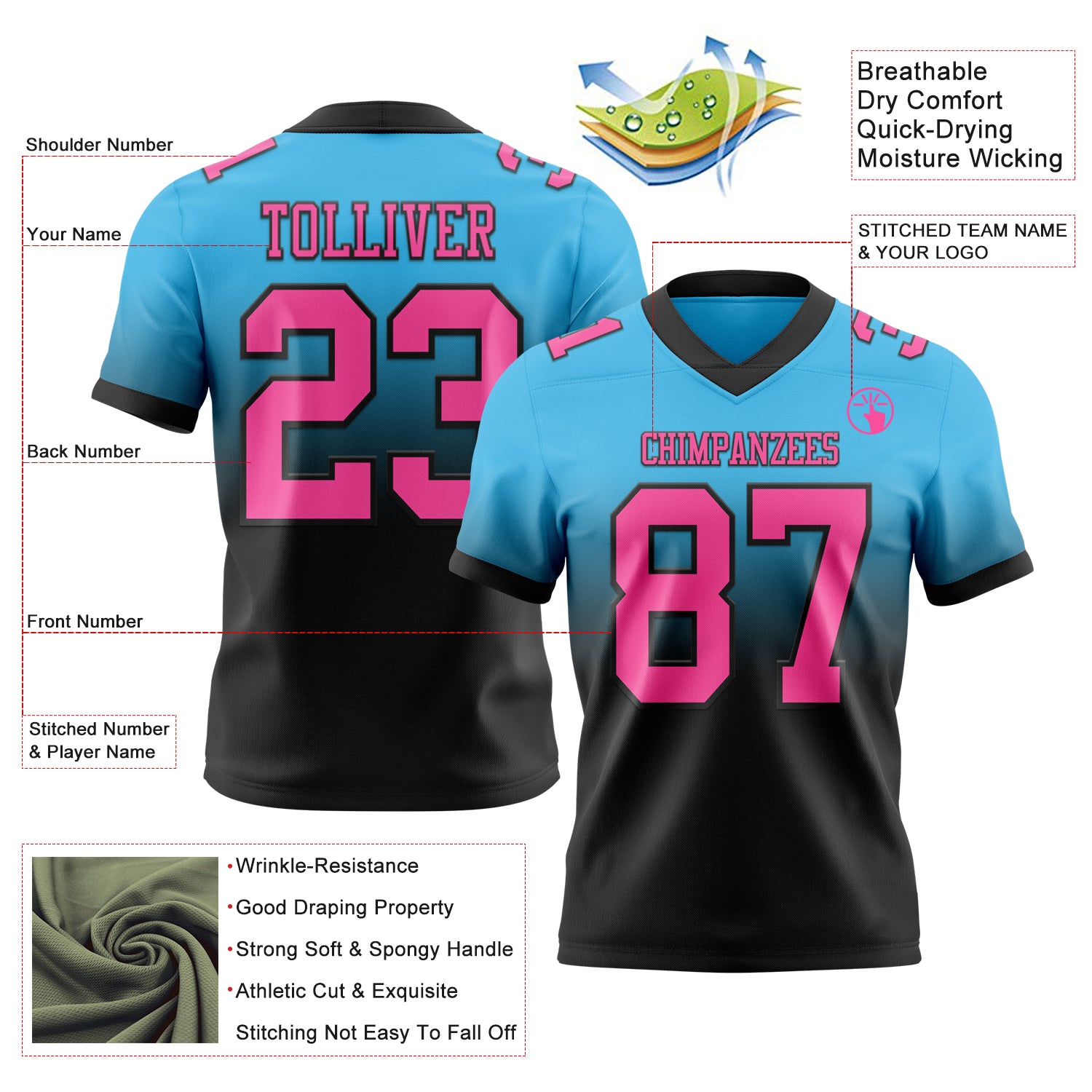 Custom Sky Blue Pink-Black Authentic Fade Fashion Football Jersey