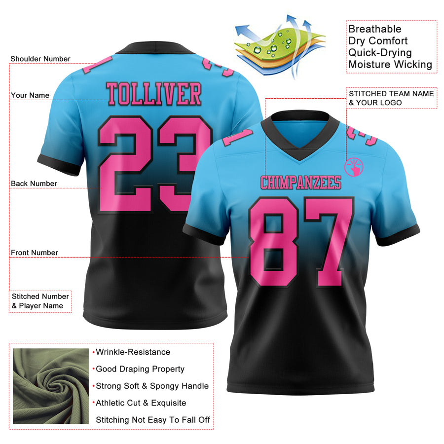 Custom Sky Blue Pink-Black Authentic Fade Fashion Football Jersey