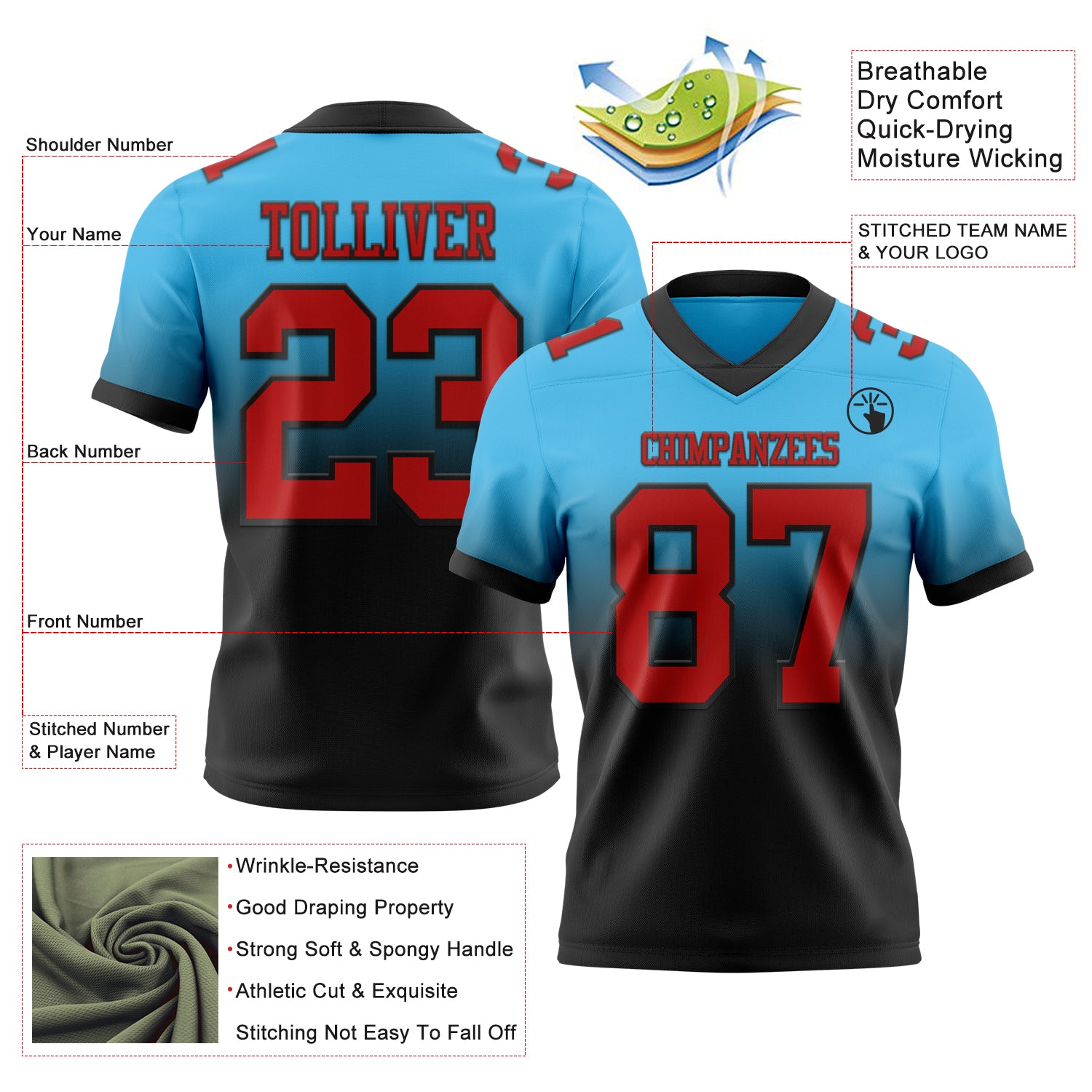 Custom Sky Blue Red-Black Authentic Fade Fashion Football Jersey