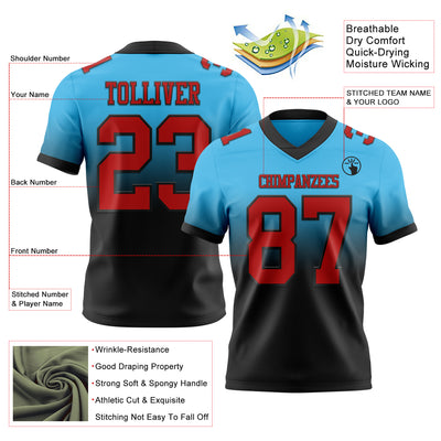 Custom Sky Blue Red-Black Authentic Fade Fashion Football Jersey