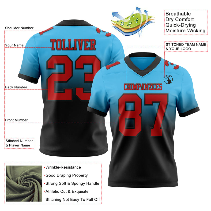 Custom Sky Blue Red-Black Authentic Fade Fashion Football Jersey
