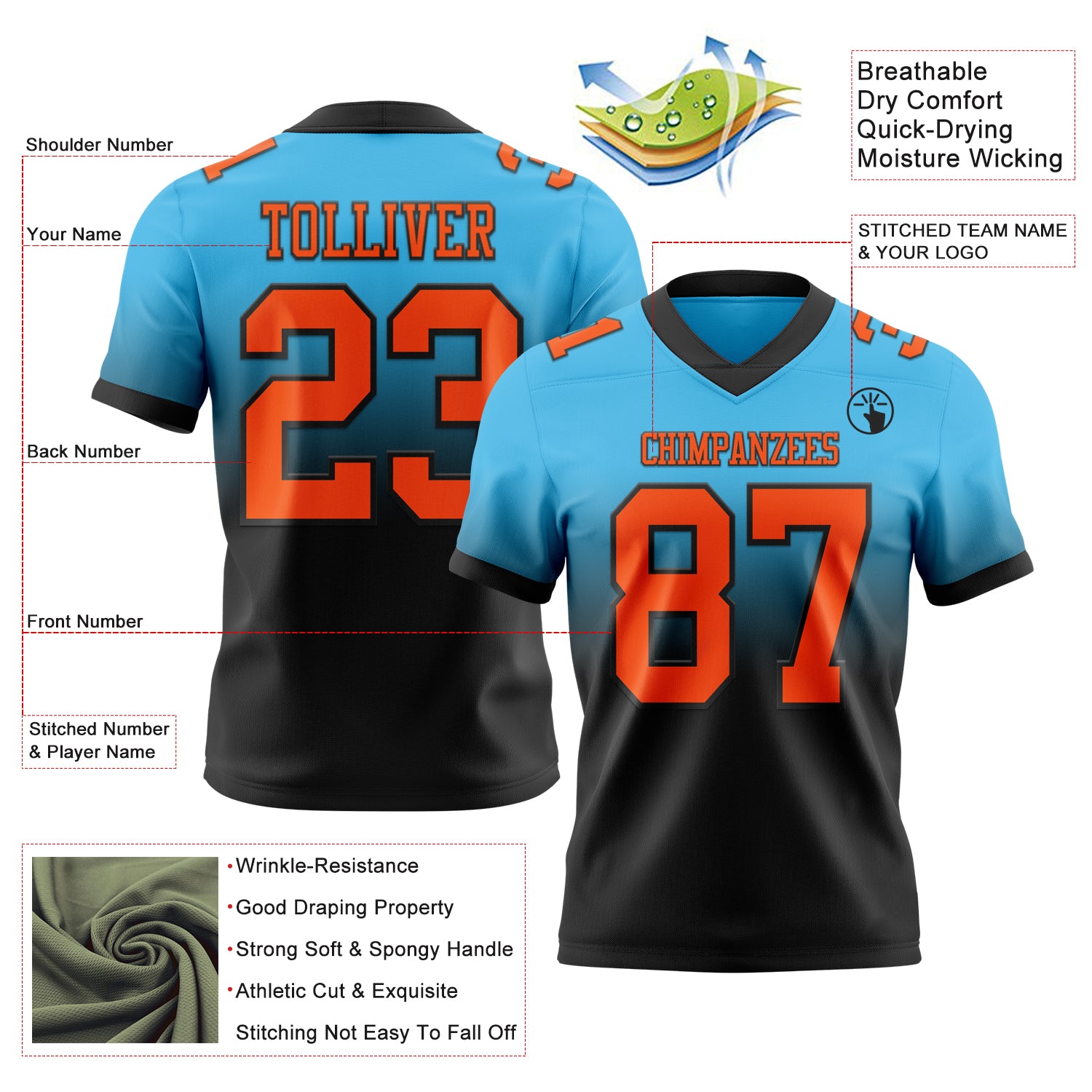 Custom Sky Blue Orange-Black Authentic Fade Fashion Football Jersey