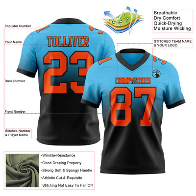 Custom Sky Blue Orange-Black Authentic Fade Fashion Football Jersey