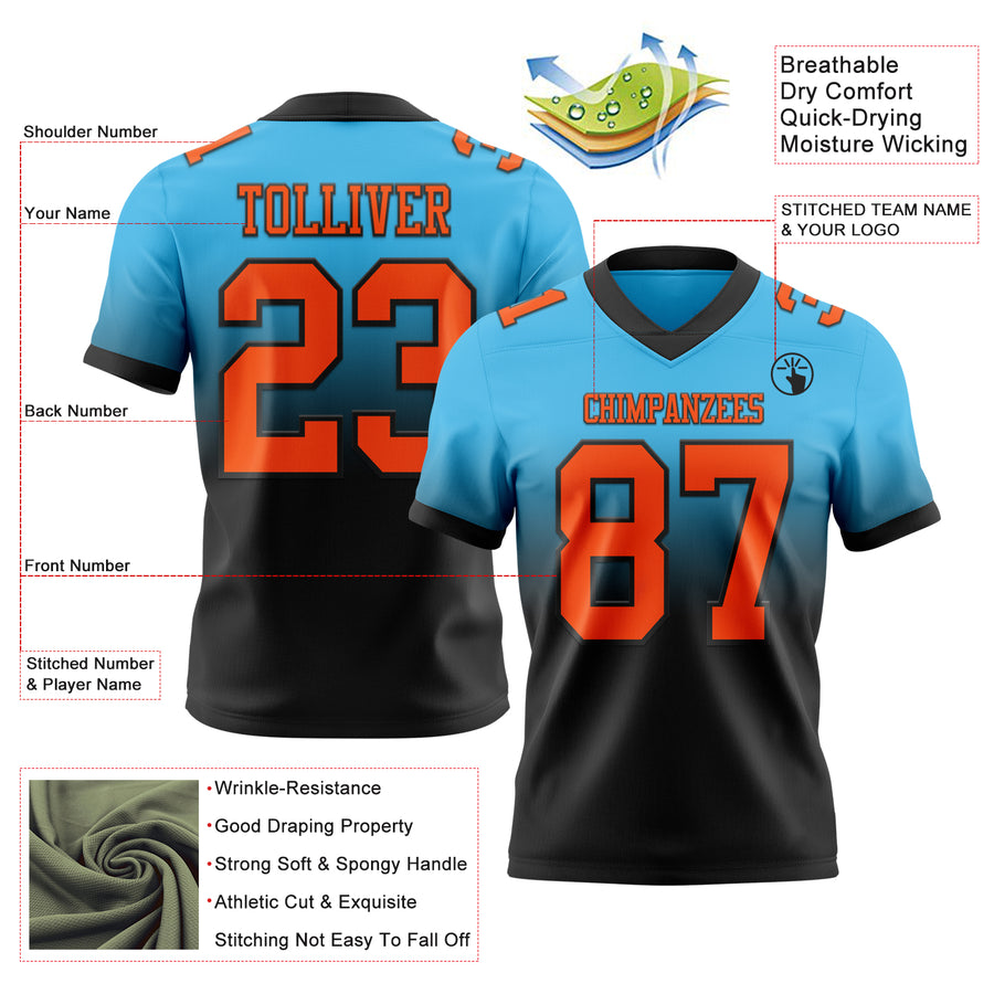 Custom Sky Blue Orange-Black Authentic Fade Fashion Football Jersey