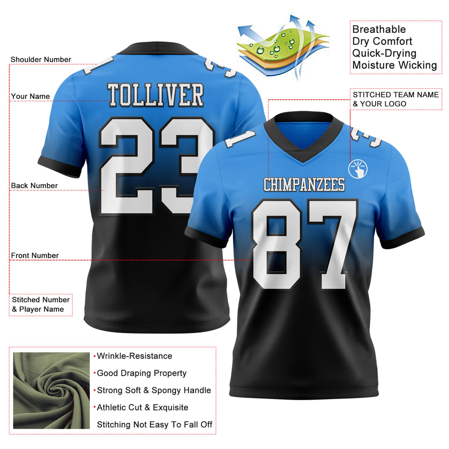 Custom Powder Blue White-Black Authentic Fade Fashion Football Jersey