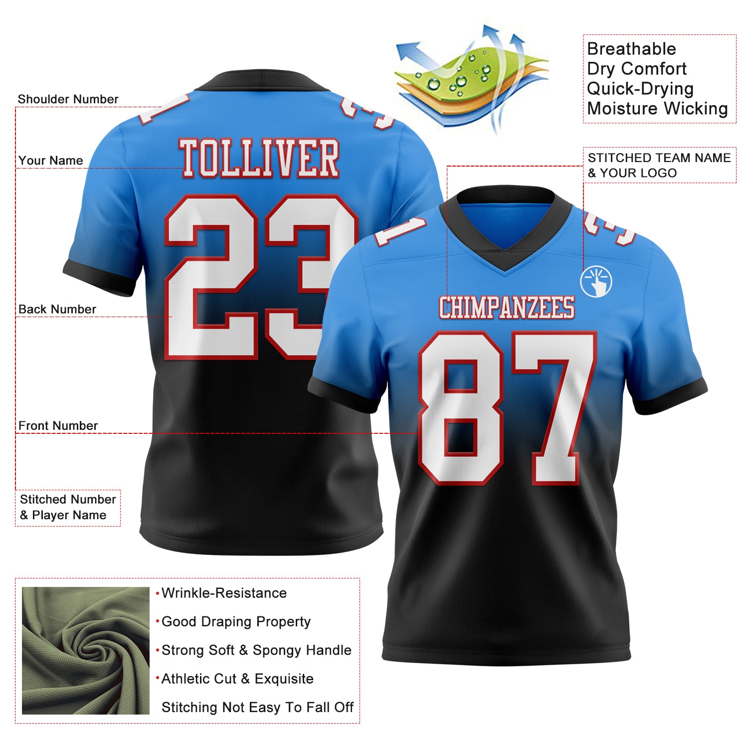 Custom Powder Blue White Black-Red Authentic Fade Fashion Football Jersey