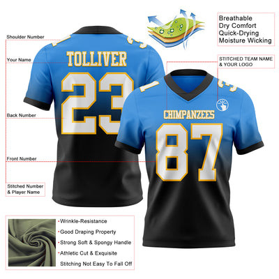 Custom Powder Blue White Black-Gold Authentic Fade Fashion Football Jersey
