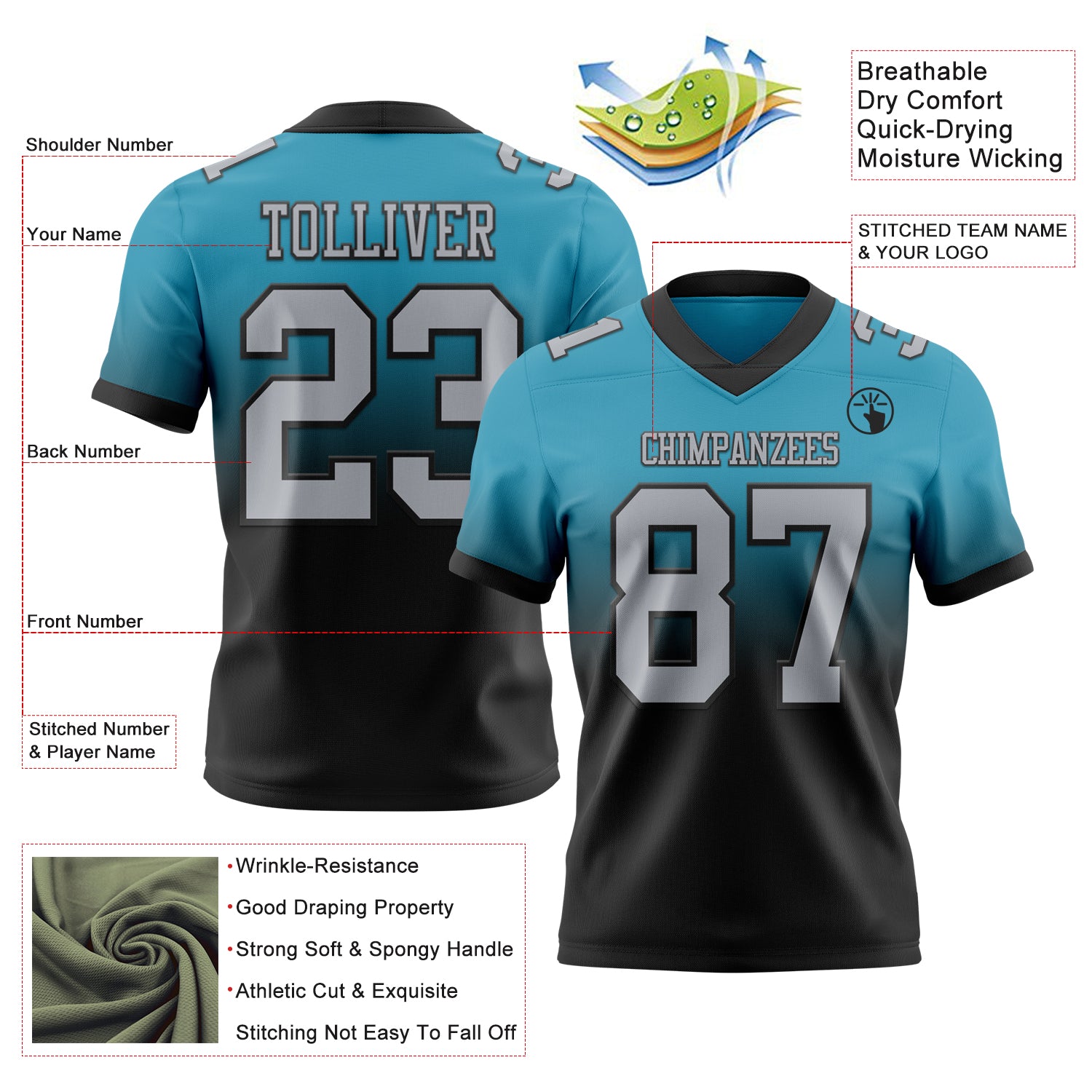 Custom Panther Blue Gray-Black Authentic Fade Fashion Football Jersey