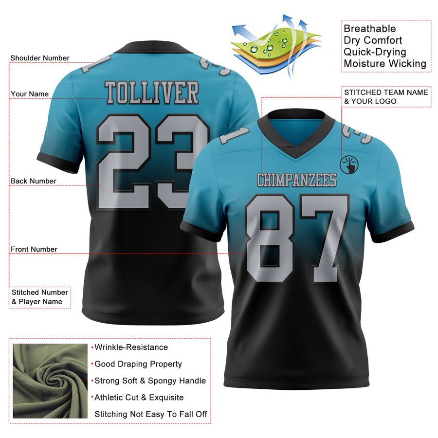 Custom Panther Blue Gray-Black Authentic Fade Fashion Football Jersey