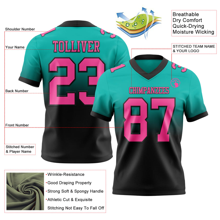 Custom Aqua Pink-Black Authentic Fade Fashion Football Jersey