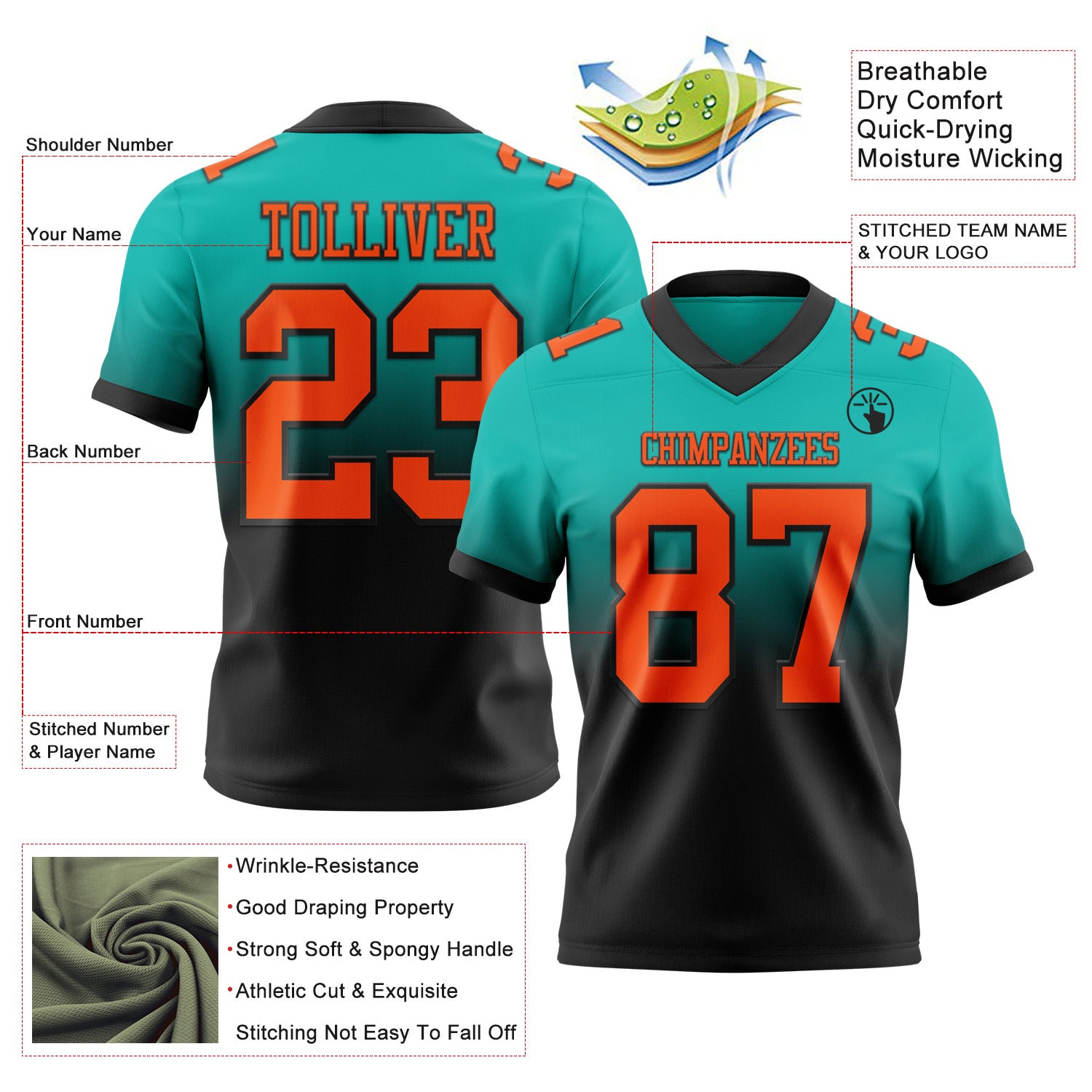 Custom Aqua Orange-Black Authentic Fade Fashion Football Jersey