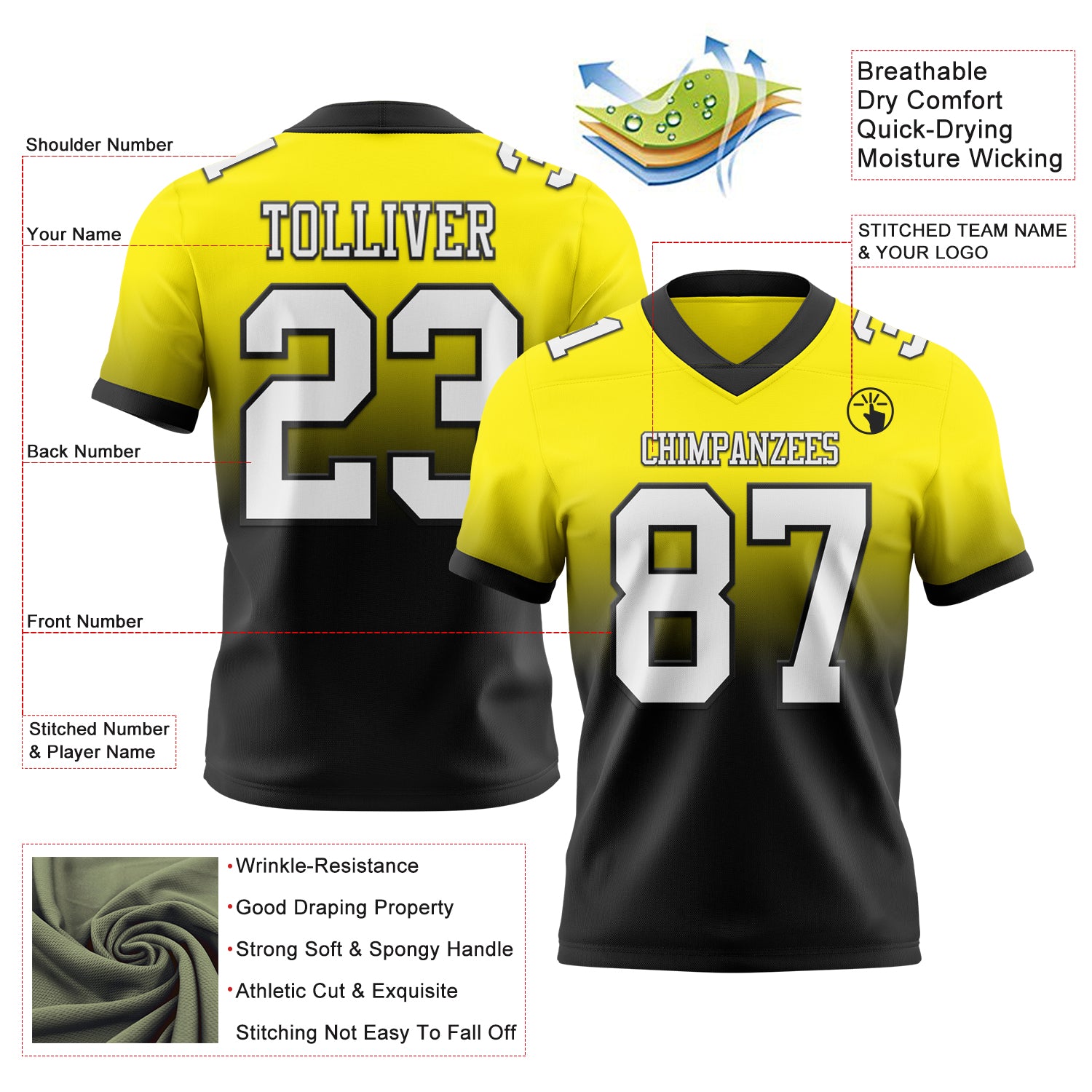 Custom Light Yellow White-Black Authentic Fade Fashion Football Jersey