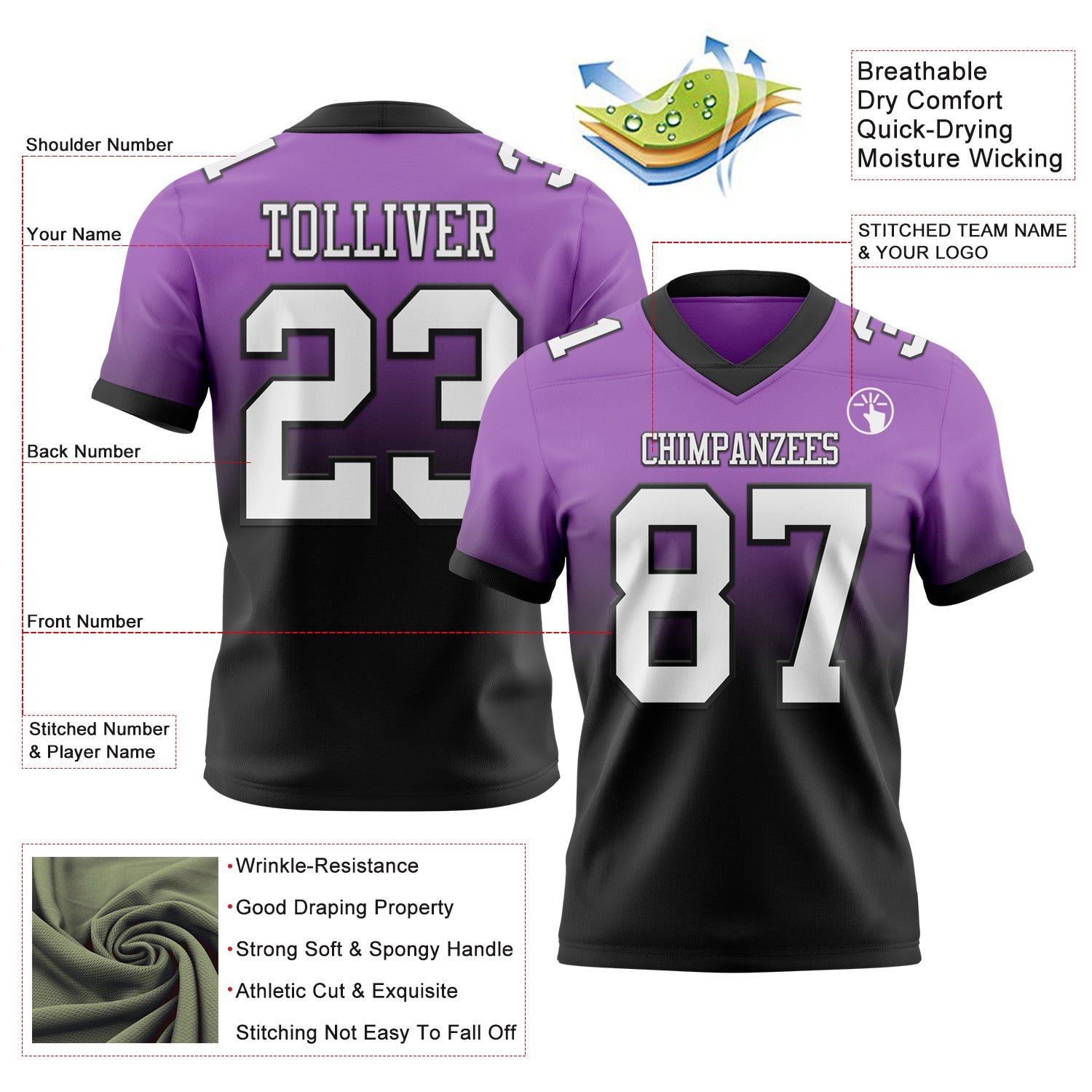 Custom Medium Purple White-Black Authentic Fade Fashion Football Jersey