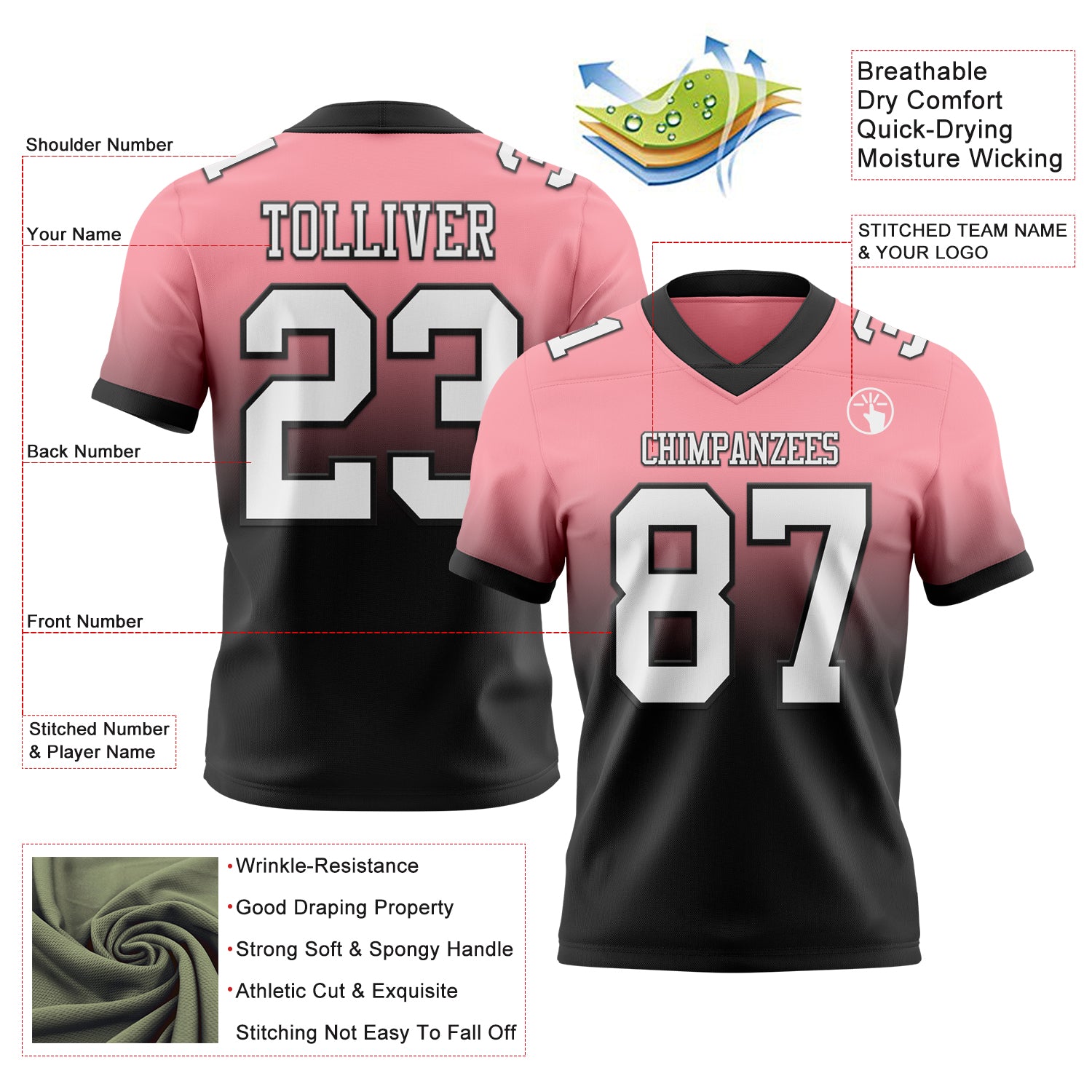 Custom Medium Pink White-Black Authentic Fade Fashion Football Jersey