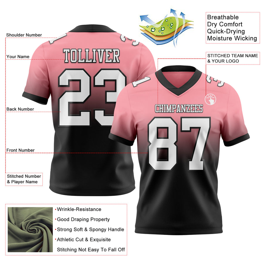 Custom Medium Pink White-Black Authentic Fade Fashion Football Jersey