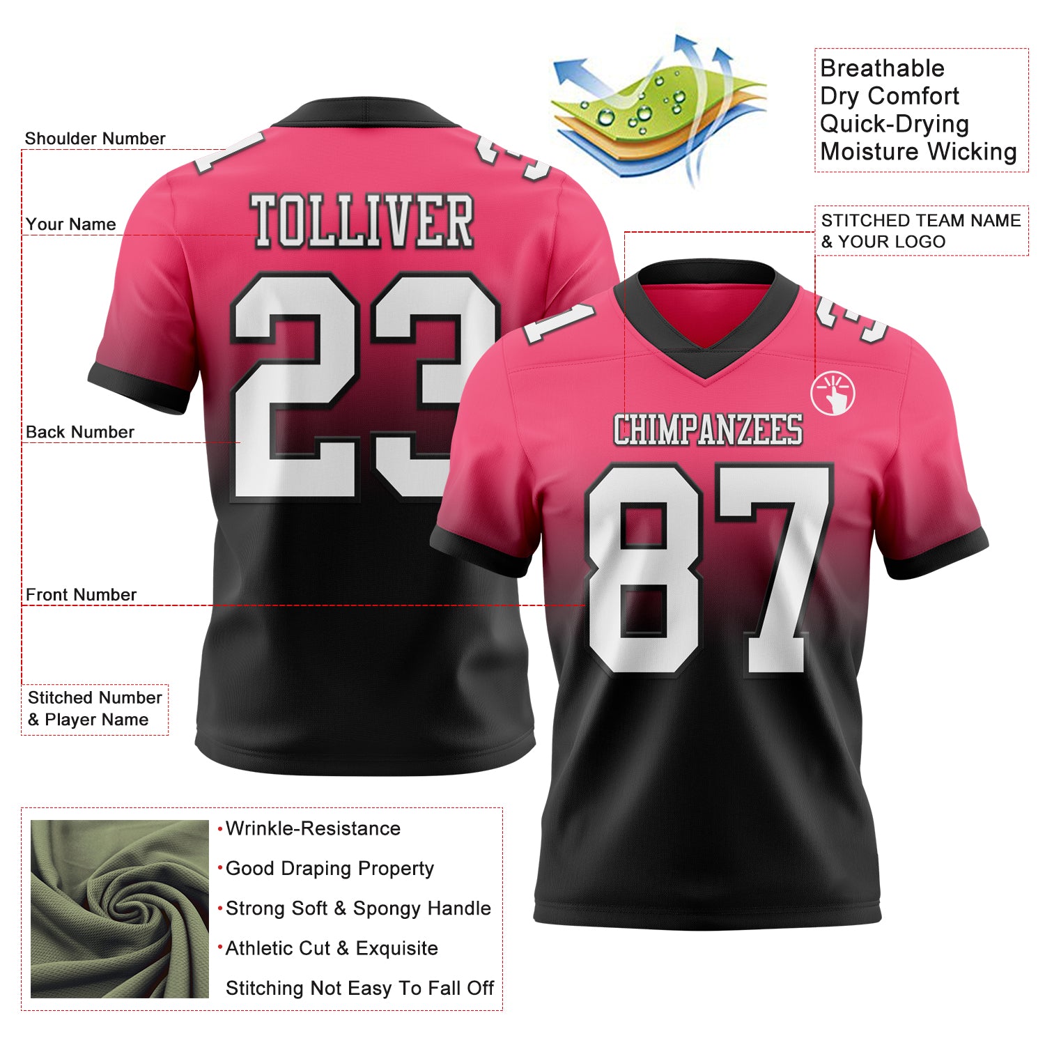 Custom Neon Pink White-Black Authentic Fade Fashion Football Jersey