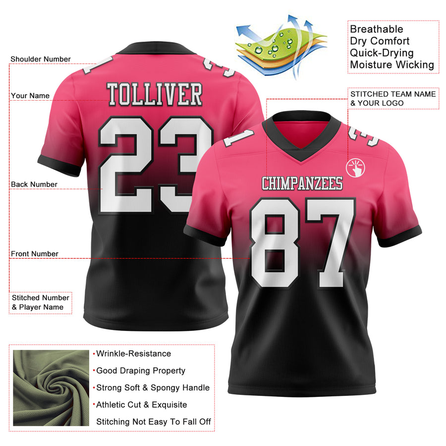 Custom Neon Pink White-Black Authentic Fade Fashion Football Jersey