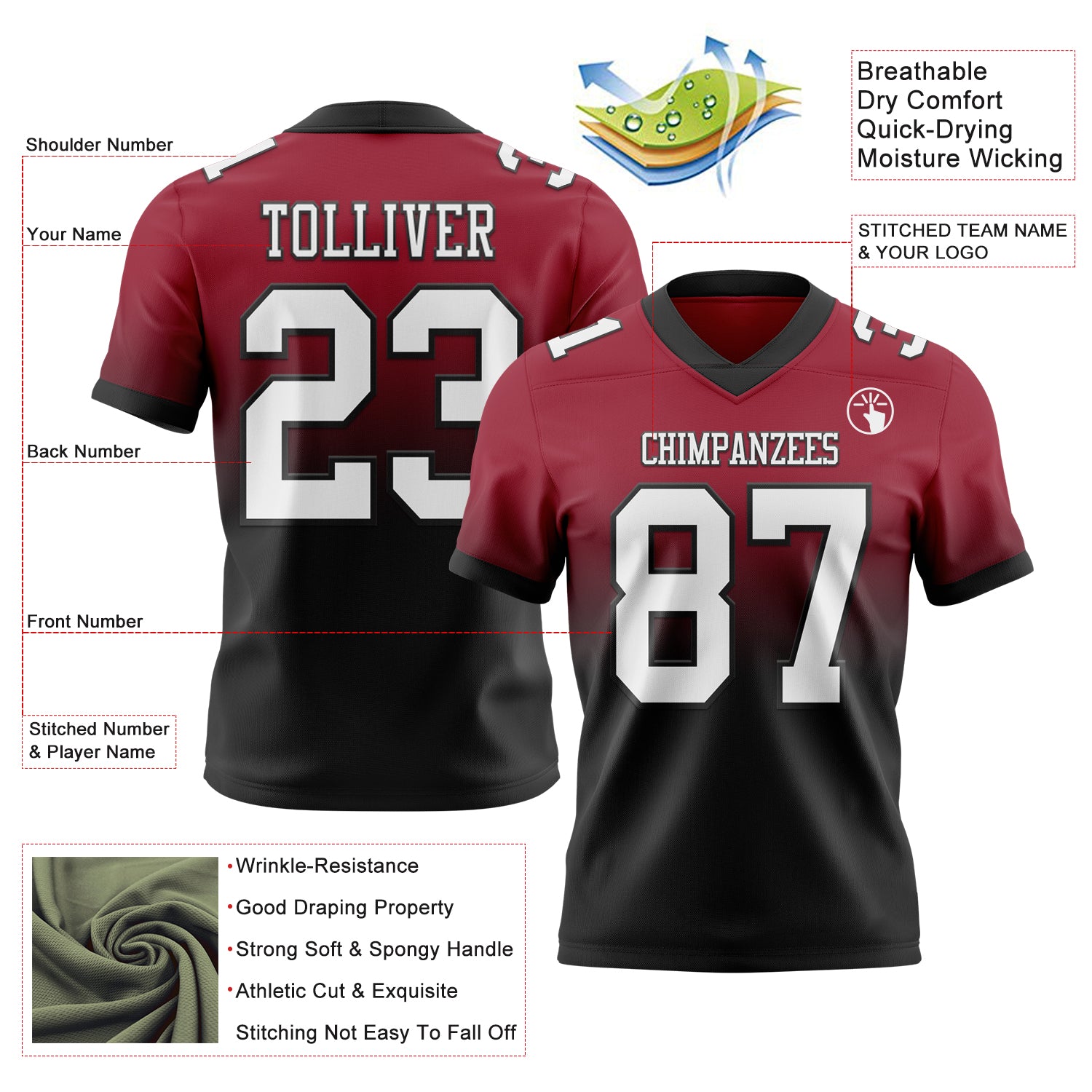 Custom Cardinal White-Black Authentic Fade Fashion Football Jersey