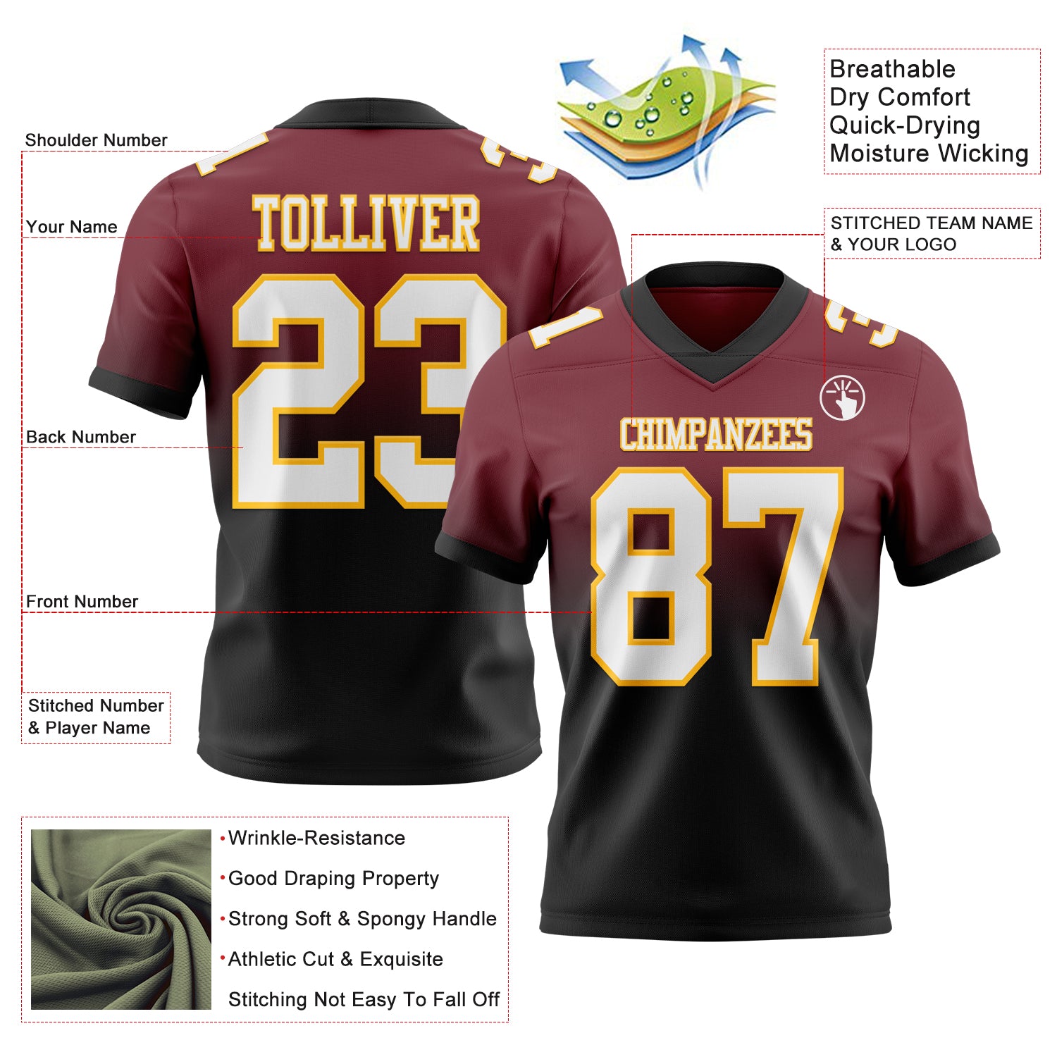 Custom Burgundy White Black-Gold Authentic Fade Fashion Football Jersey
