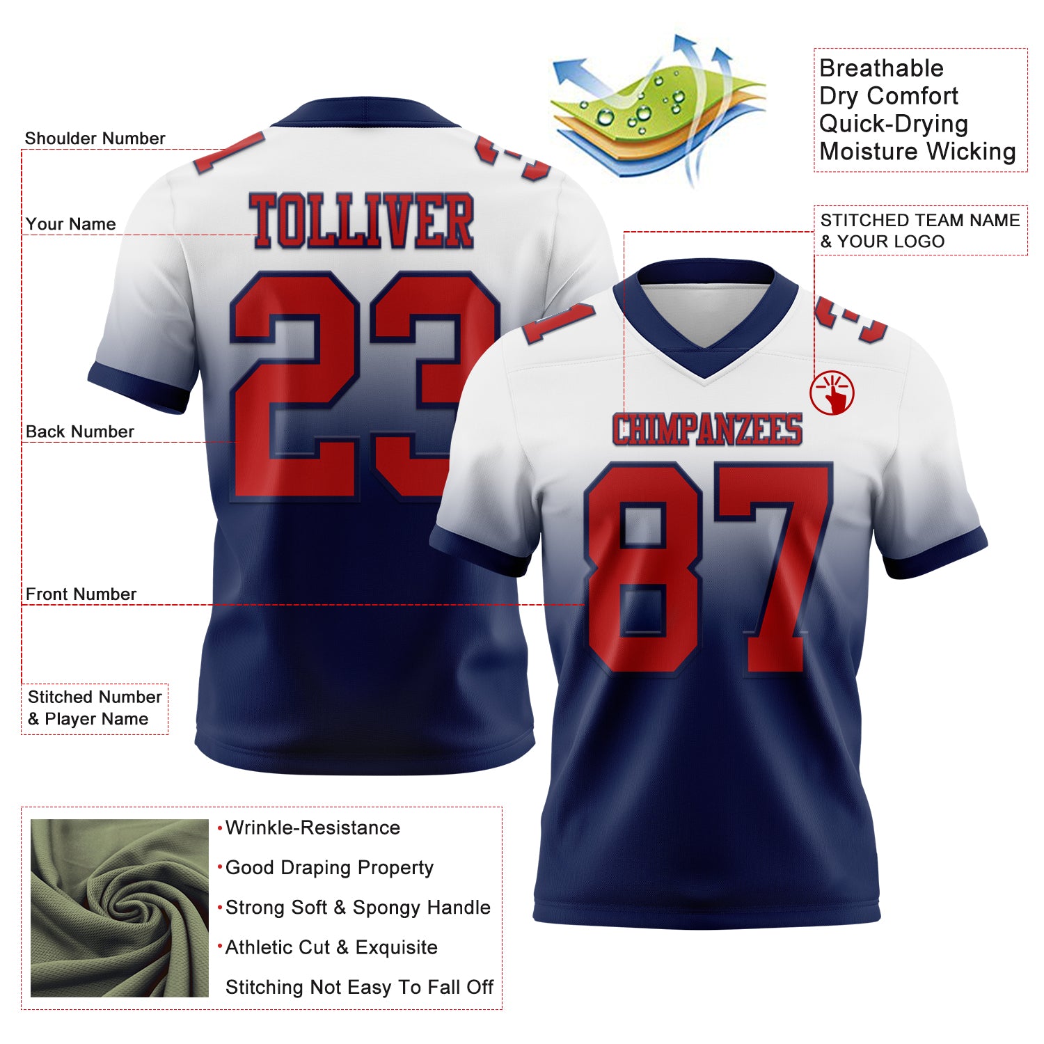 Custom White Red-Navy Authentic Fade Fashion Football Jersey