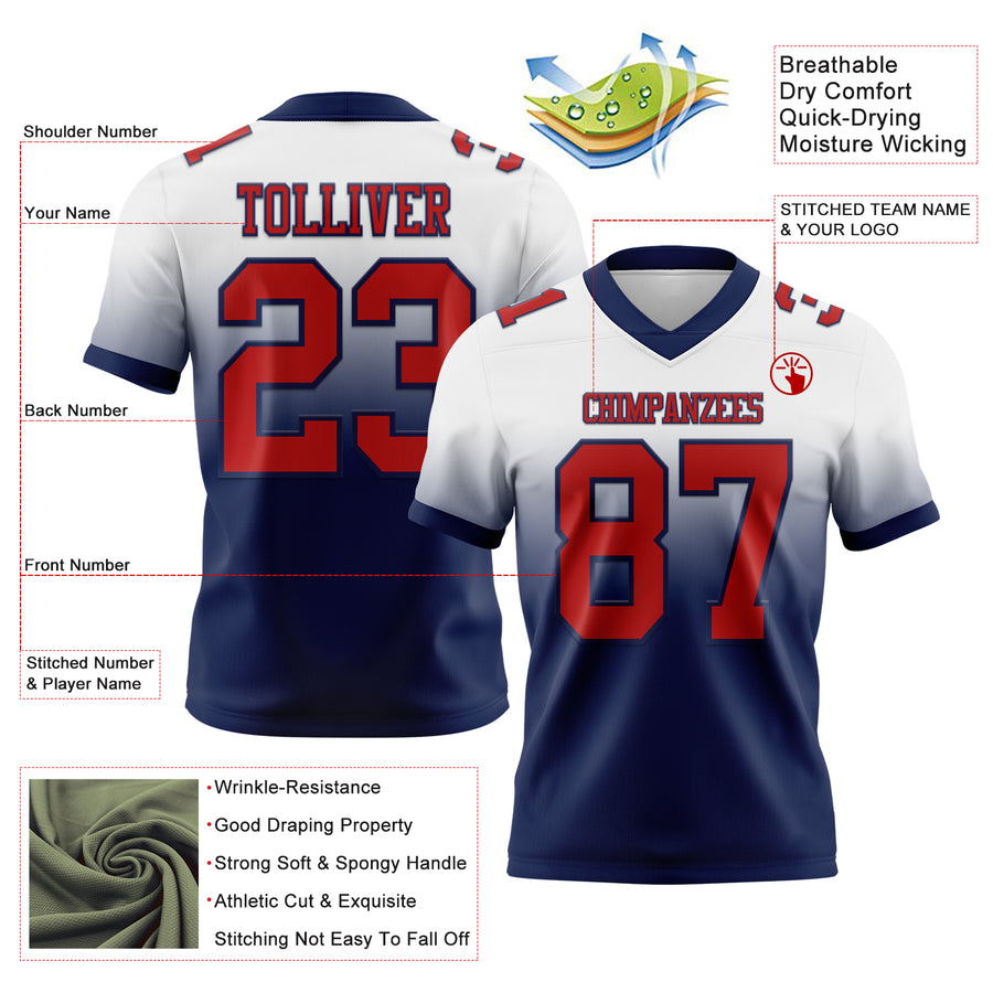 Custom White Red-Navy Authentic Fade Fashion Football Jersey
