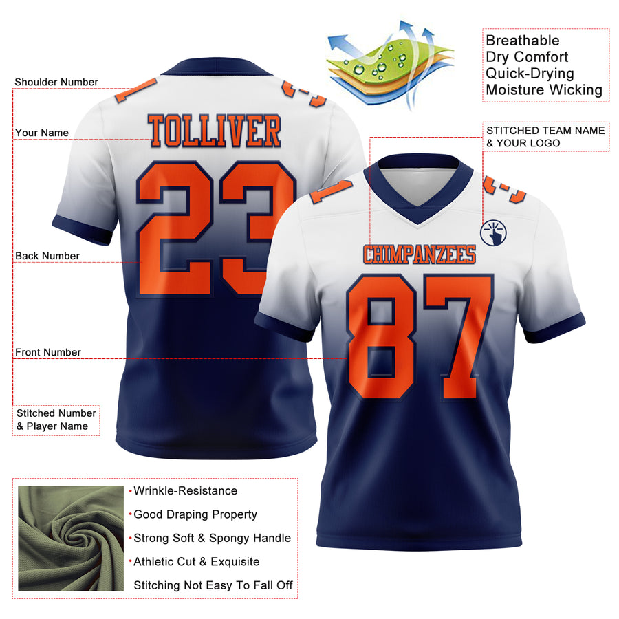 Custom White Orange-Navy Authentic Fade Fashion Football Jersey