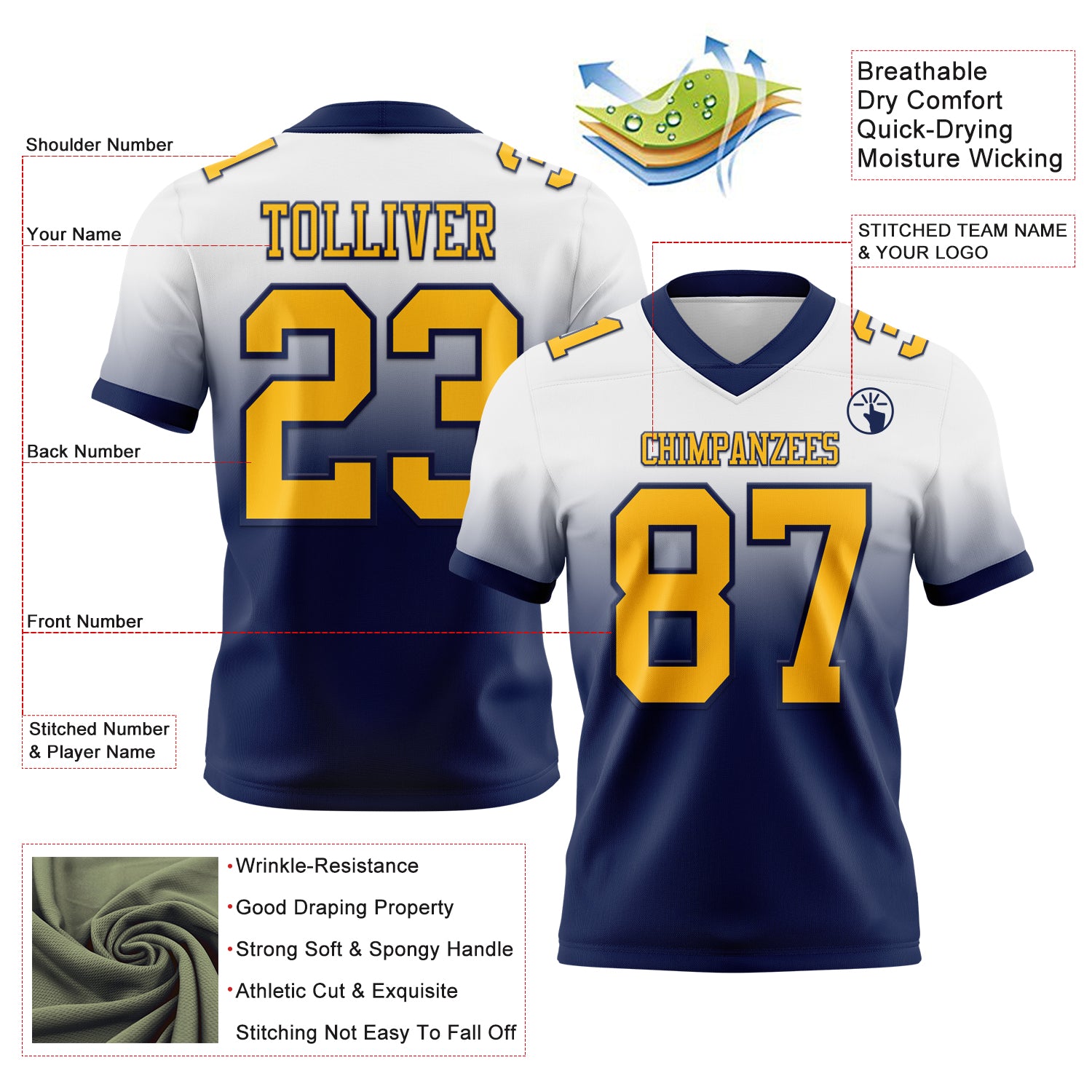 Custom White Gold-Navy Authentic Fade Fashion Football Jersey