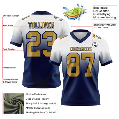 Custom White Old Gold-Navy Authentic Fade Fashion Football Jersey