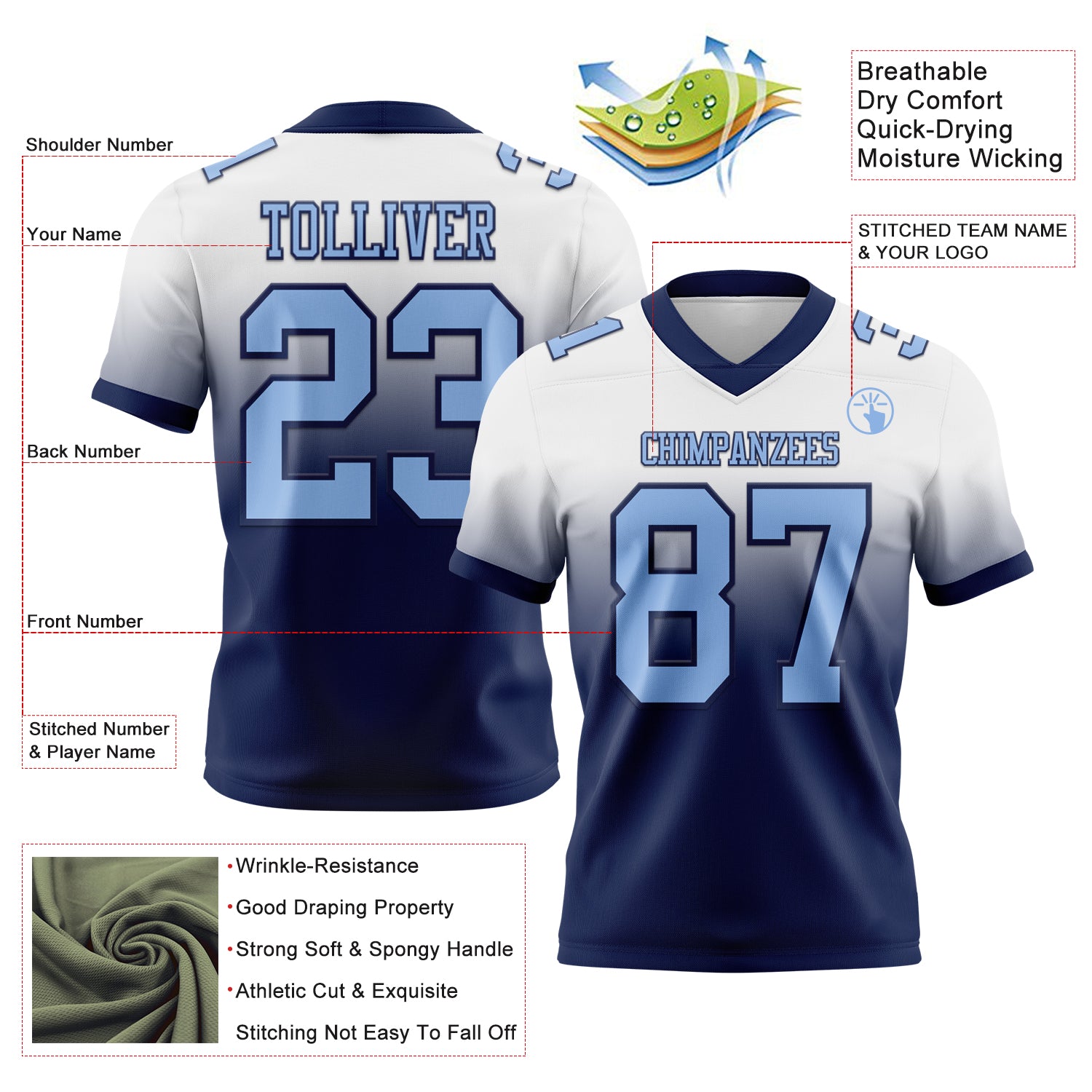 Custom White Light Blue-Navy Authentic Fade Fashion Football Jersey