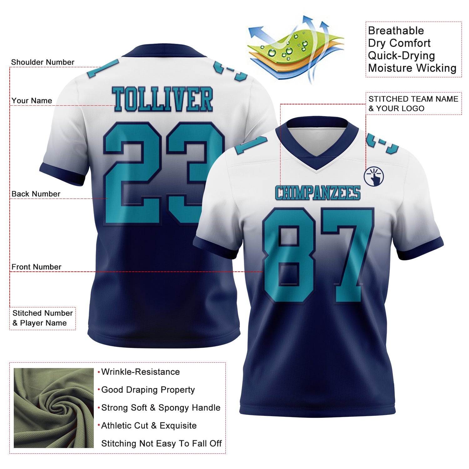 Custom White Teal-Navy Authentic Fade Fashion Football Jersey
