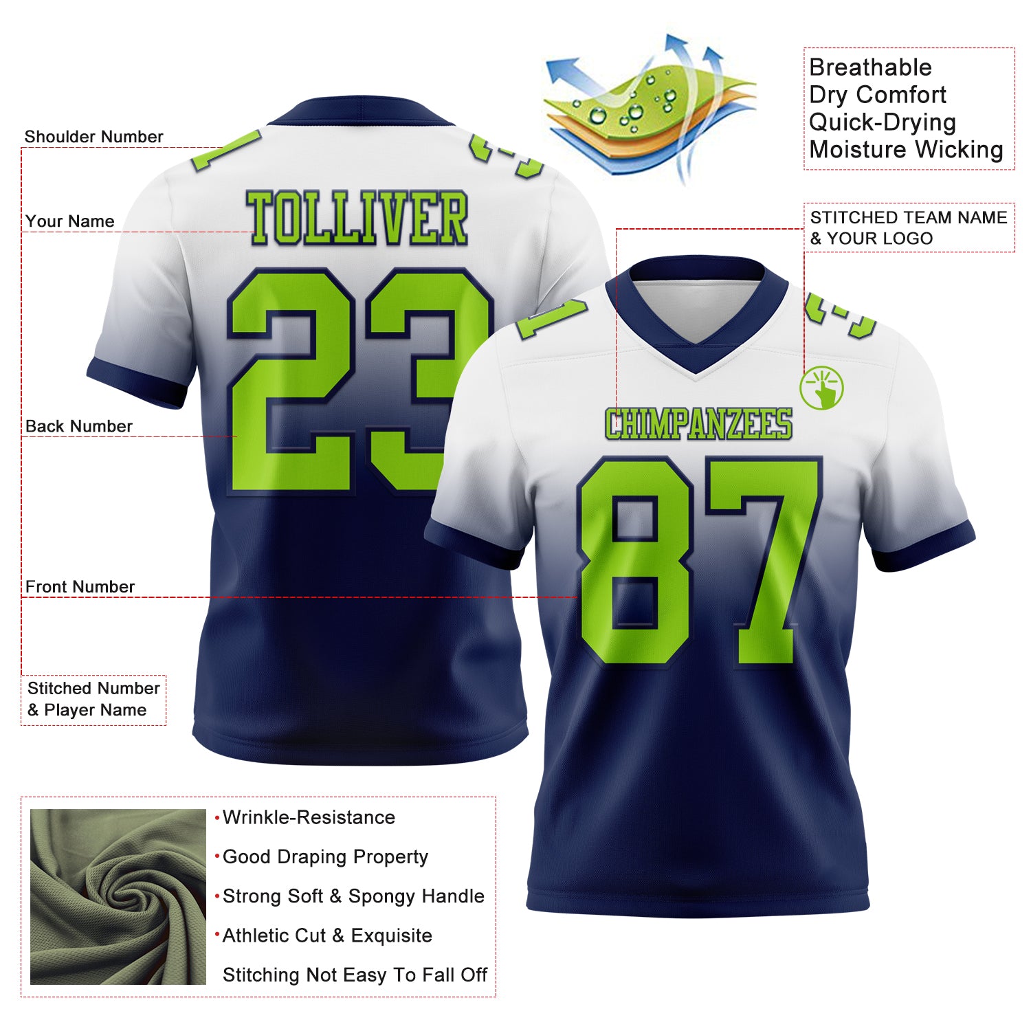 Custom White Neon Green-Navy Authentic Fade Fashion Football Jersey